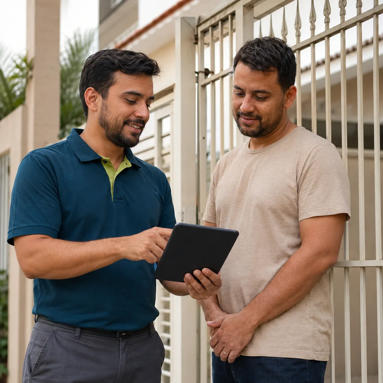 Técnico mostrando o orçamento em um tablet para um cliente